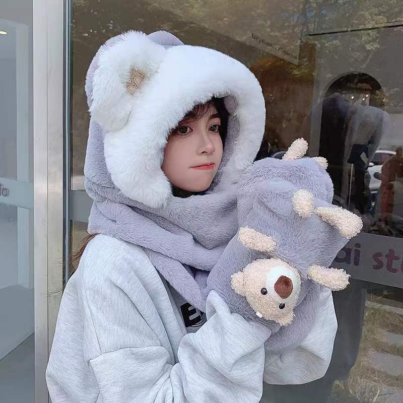 Winter Cute Bear Plush Hat Scarf Integrated Girls&#039; Ear Protection Autumn and Winter All-Matching Cycling Thermal Three-Piece Suit