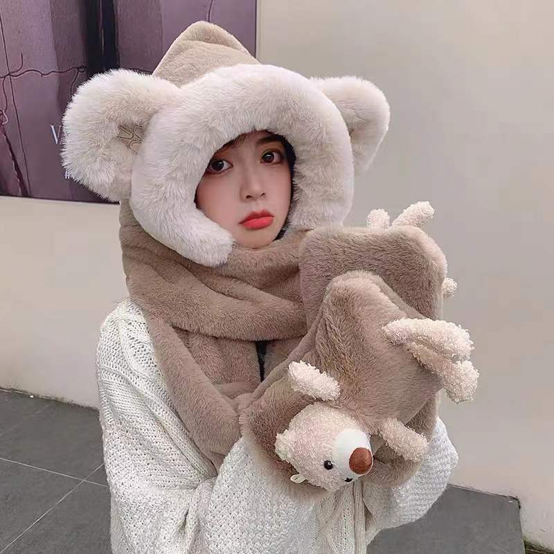 Winter Cute Bear Plush Hat Scarf Integrated Girls&#039; Ear Protection Autumn and Winter All-Matching Cycling Thermal Three-Piece Suit