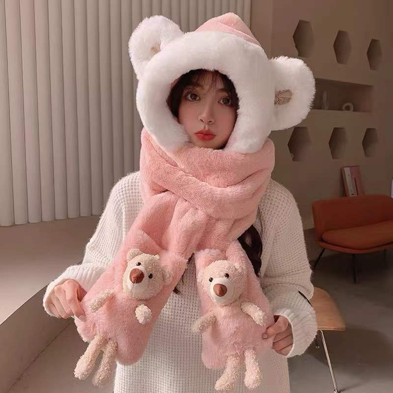 Winter Cute Bear Plush Hat Scarf Integrated Girls&#039; Ear Protection Autumn and Winter All-Matching Cycling Thermal Three-Piece Suit