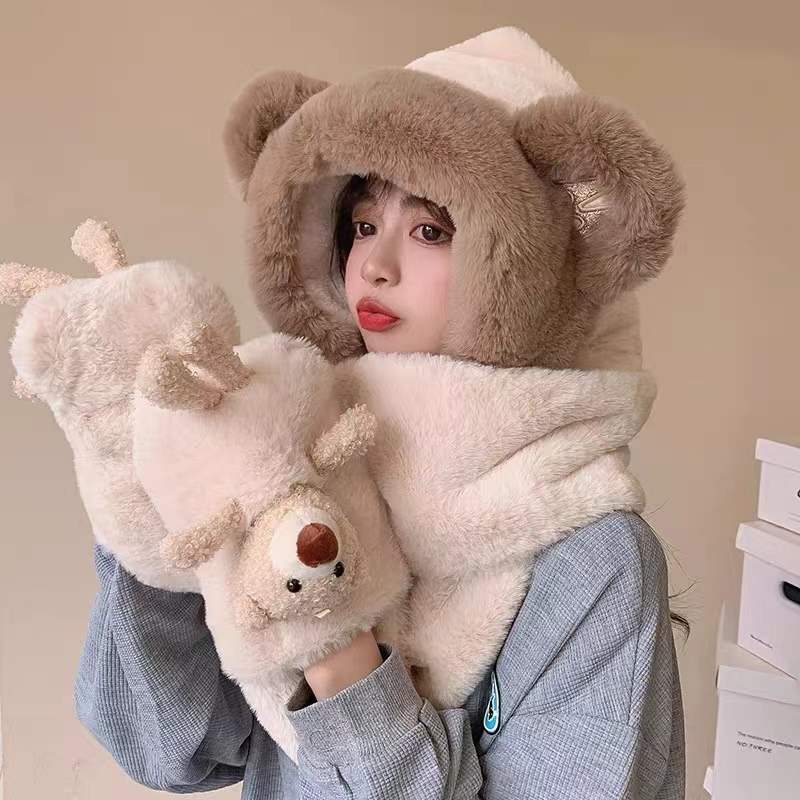 Winter Cute Bear Plush Hat Scarf Integrated Girls&#039; Ear Protection Autumn and Winter All-Matching Cycling Thermal Three-Piece Suit