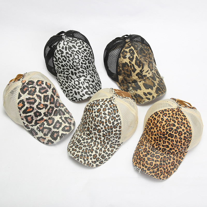 Cross-Border Foreign Trade New Leopard Cross Ponytail Baseball Cap European and American Fashion Sun-Proof Net Hat Outdoor Sports Baseball Cap