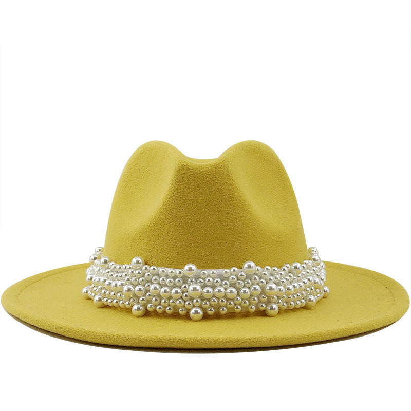British Style Fashionable Elegant Fedora Hat Pearl Top Hat Broad-Brimmed Hat Women&#039;s Woolen Hat 56-58-60cm