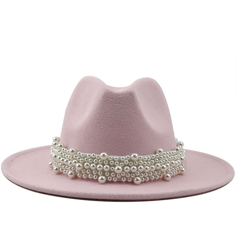 British Style Fashionable Elegant Fedora Hat Pearl Top Hat Broad-Brimmed Hat Women&#039;s Woolen Hat 56-58-60cm