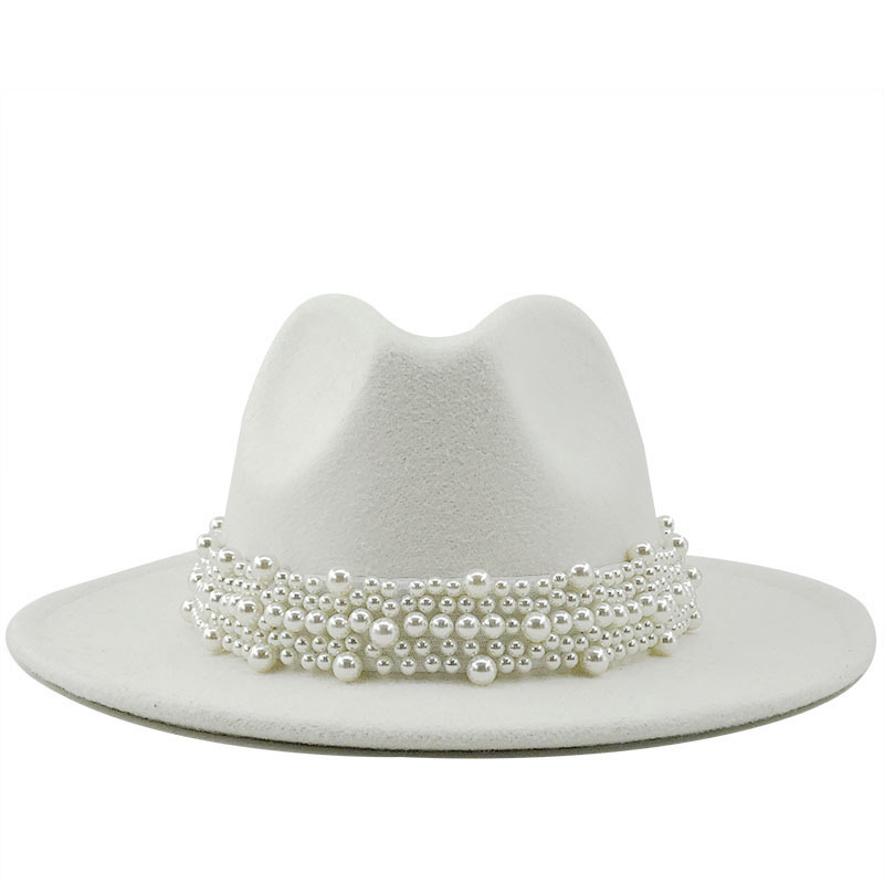 British Style Fashionable Elegant Fedora Hat Pearl Top Hat Broad-Brimmed Hat Women&#039;s Woolen Hat 56-58-60cm