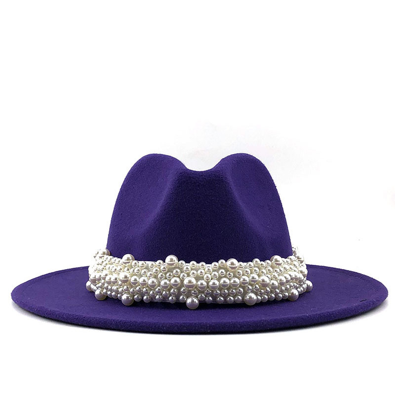 British Style Fashionable Elegant Fedora Hat Pearl Top Hat Broad-Brimmed Hat Women&#039;s Woolen Hat 56-58-60cm