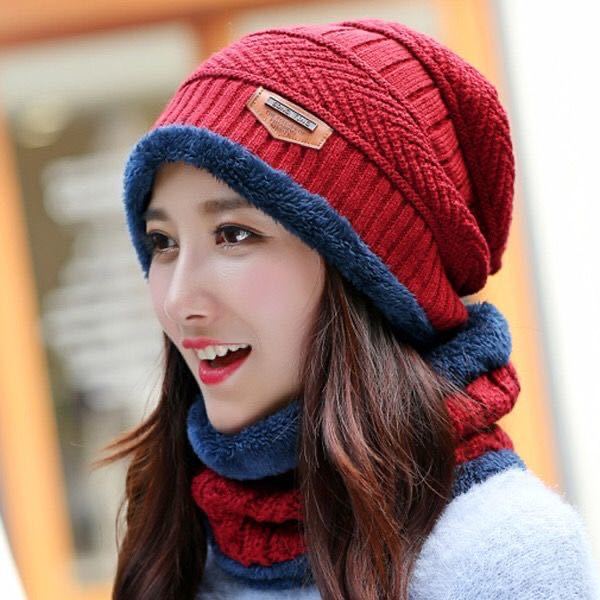Autumn and Winter Days plus Pouch Cap Men&#039;s Knitted Hat Scarf Two-Piece Set Leather Tag Earflaps Woolen Hat Knitted Hat Factory