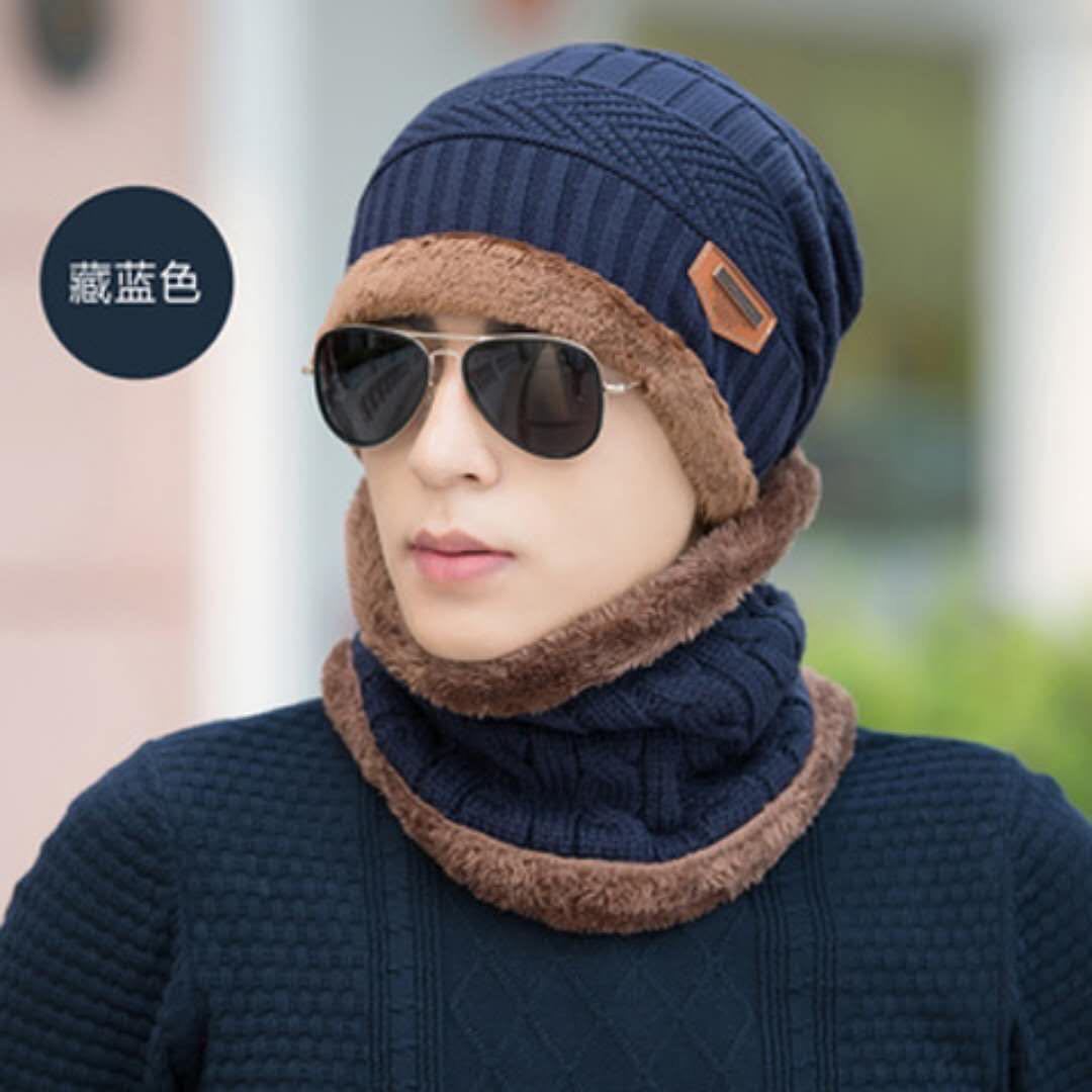 Autumn and Winter Days plus Pouch Cap Men&#039;s Knitted Hat Scarf Two-Piece Set Leather Tag Earflaps Woolen Hat Knitted Hat Factory