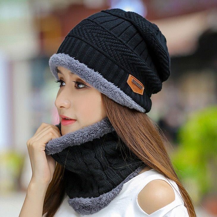 Autumn and Winter Days plus Pouch Cap Men&#039;s Knitted Hat Scarf Two-Piece Set Leather Tag Earflaps Woolen Hat Knitted Hat Factory