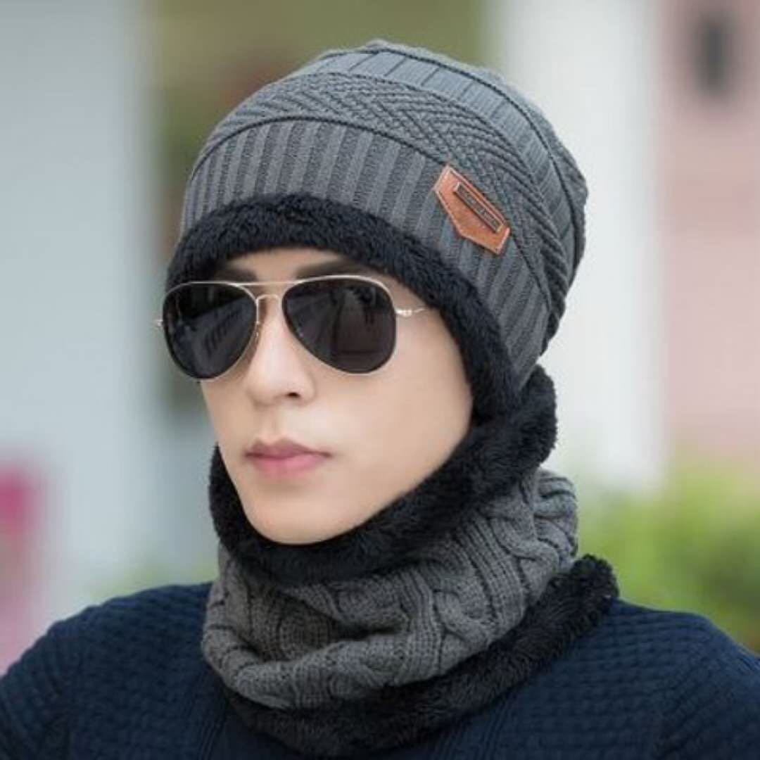 Autumn and Winter Days plus Pouch Cap Men&#039;s Knitted Hat Scarf Two-Piece Set Leather Tag Earflaps Woolen Hat Knitted Hat Factory
