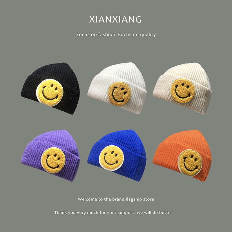 Korean Hat Women&#039;s Autumn and Winter Woolen Hat Japanese Style All-Matching Cute Smiling Face Knitted Hat Men&#039;s Fashion Brand Street Hip-Hop Beanie Hat