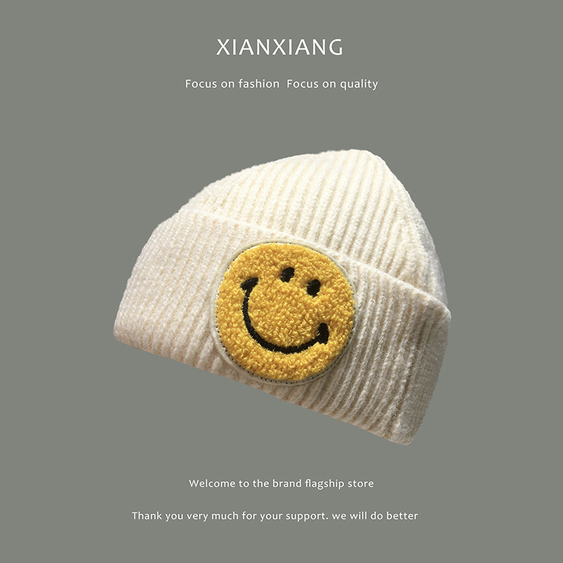 Korean Hat Women&#039;s Autumn and Winter Woolen Hat Japanese Style All-Matching Cute Smiling Face Knitted Hat Men&#039;s Fashion Brand Street Hip-Hop Beanie Hat