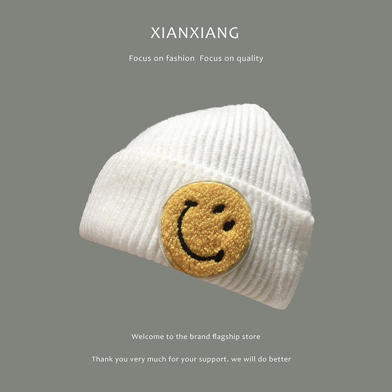 Korean Hat Women&#039;s Autumn and Winter Woolen Hat Japanese Style All-Matching Cute Smiling Face Knitted Hat Men&#039;s Fashion Brand Street Hip-Hop Beanie Hat