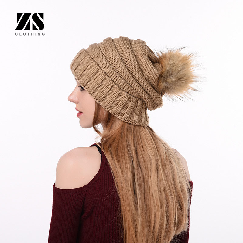 Fur Pom Pom Beanie Ladies Knit Beanie Hat Brand Woolen Hat S