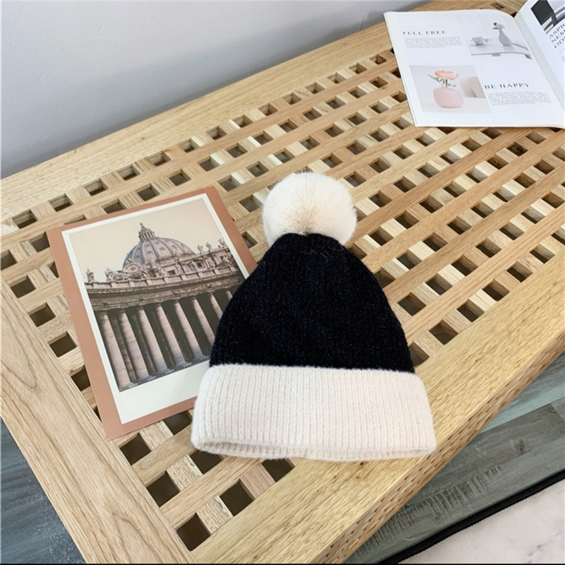Winter New Thickened Warm Color Matching Fur Ball Knitted Hat Women&#039;s Japanese Fashion Trendy All-Matching Woolen Hat