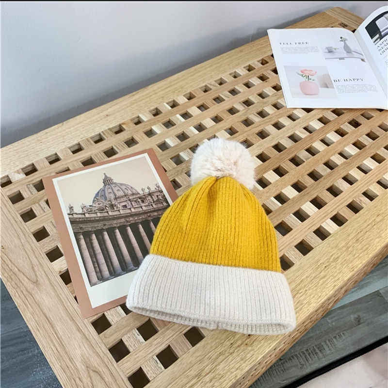 Winter New Thickened Warm Color Matching Fur Ball Knitted Hat Women&#039;s Japanese Fashion Trendy All-Matching Woolen Hat
