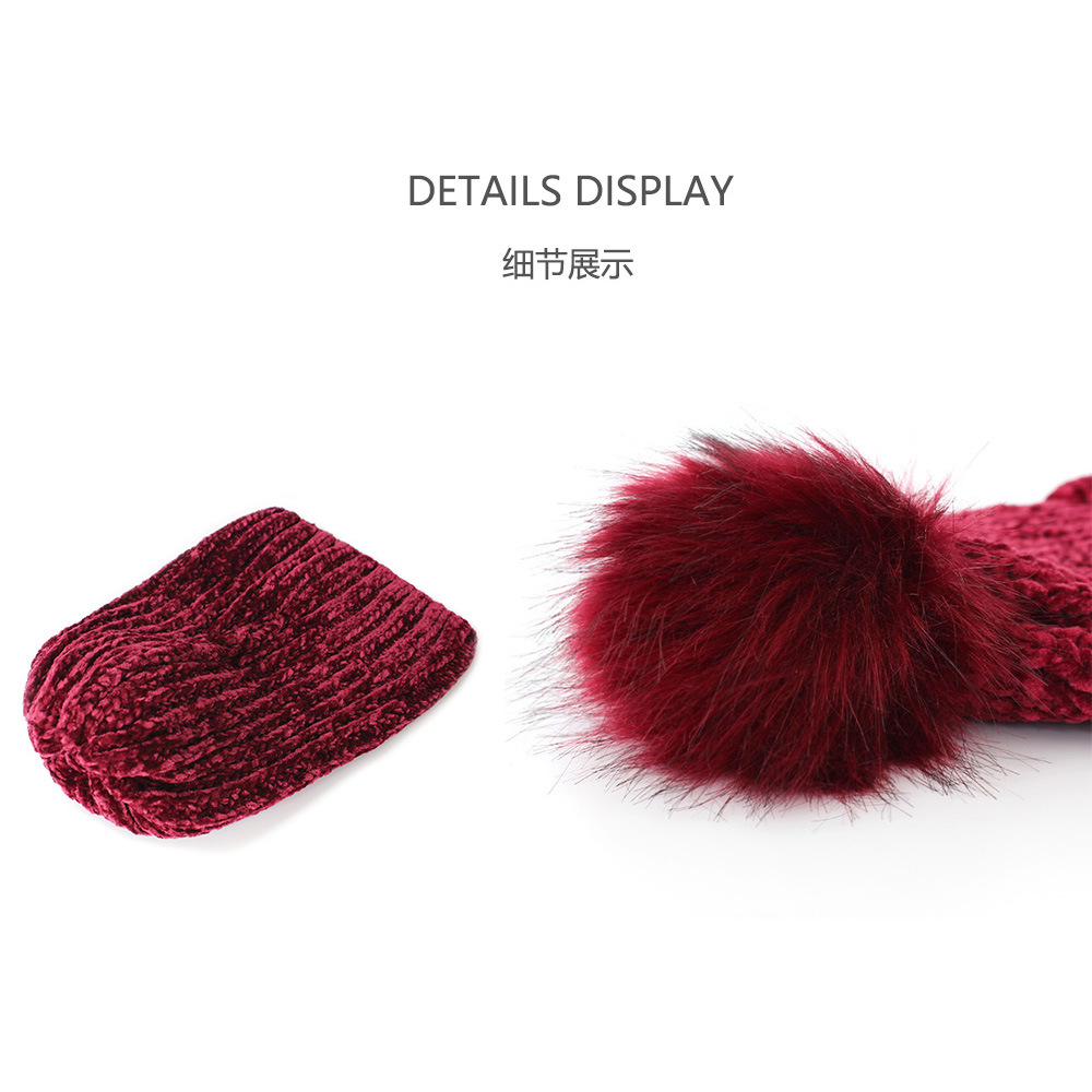 Knitted Hat Customized Winter European and American Men&#039;s and Women&#039;s Warm Flanging Fake Fur Ball Pullover Chenille Solid Color Woolen Hat