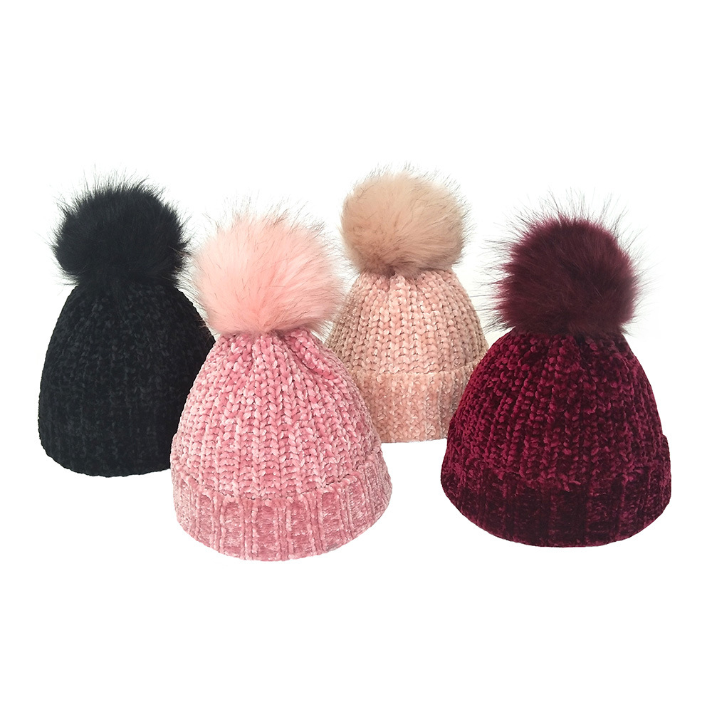 Knitted Hat Customized Winter European and American Men&#039;s and Women&#039;s Warm Flanging Fake Fur Ball Pullover Chenille Solid Color Woolen Hat