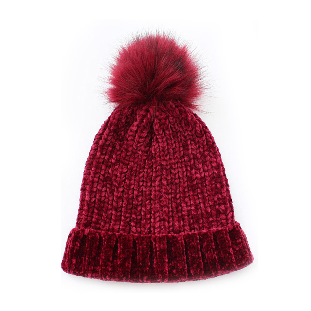 Knitted Hat Customized Winter European and American Men&#039;s and Women&#039;s Warm Flanging Fake Fur Ball Pullover Chenille Solid Color Woolen Hat