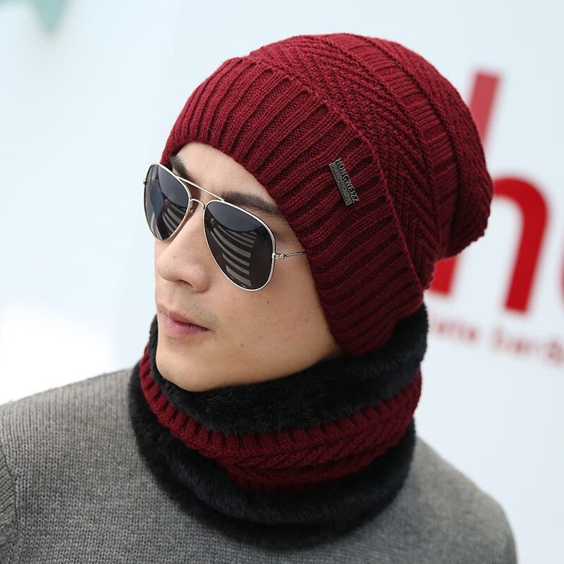 Korean Style Fall Winter Men Simple Knitting Fleece-Lined Woolen Hat Outdoor Scarf Two-Piece Set Cycling Earflaps Thermal Cotton Hat