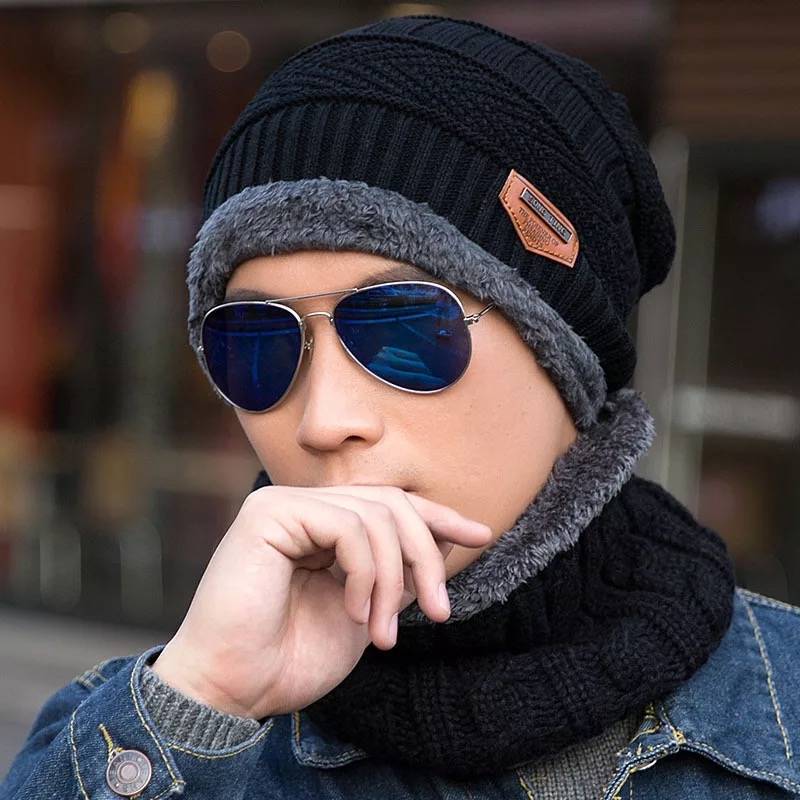 Triangle Mark Winter Hat Hat Scarf with Velvet Warm Knitted Hat Cold-Proof Winter Woolen Hat Men and Women Sleeve Cap