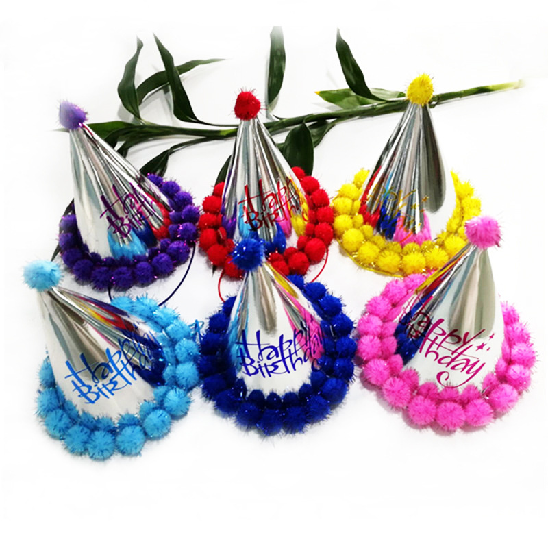 Fur Ball Birthday Hat Laser Paper Birthday Pom Hat Children Adult Birthday Peaked cap