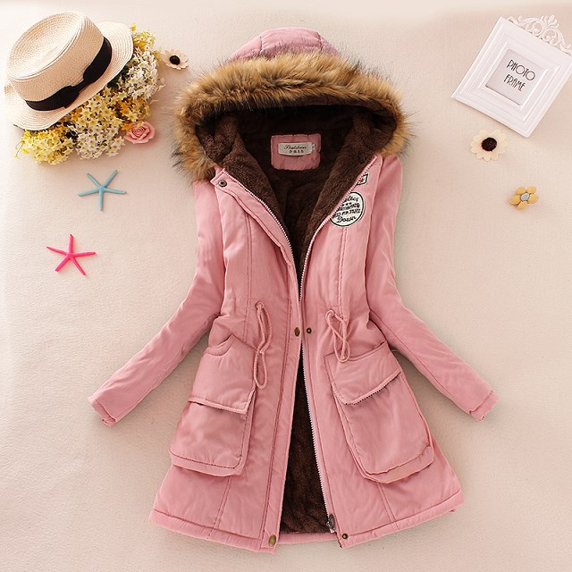 2021 Winter Clothing New Women&#039;s Clothing Army Cap Peach Skin Fabric Hooded Fur Collar Waist-Tight Fleece Lined Padded Warm Keeping Mid-Length Cotton-Padded Coat