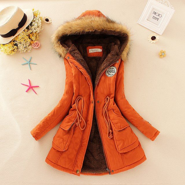 2021 Winter Clothing New Women&#039;s Clothing Army Cap Peach Skin Fabric Hooded Fur Collar Waist-Tight Fleece Lined Padded Warm Keeping Mid-Length Cotton-Padded Coat