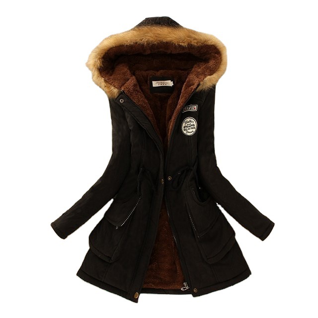2021 Winter Clothing New Women&#039;s Clothing Army Cap Peach Skin Fabric Hooded Fur Collar Waist-Tight Fleece Lined Padded Warm Keeping Mid-Length Cotton-Padded Coat
