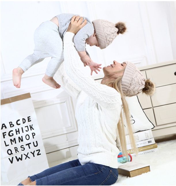 AliExpress New Men&#039;s and Women&#039;s Parent-Child Twist Imitation Raccoon Fur Ball Knitted Parent-child cap