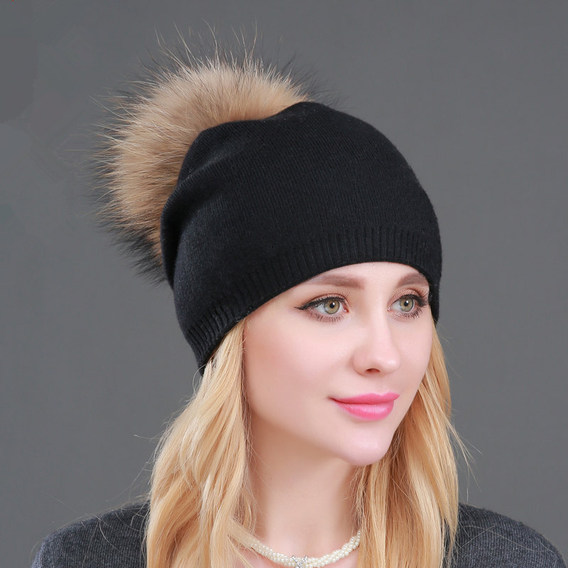 Foreign Trade Cross-Border Autumn And Winter Women &#039;S Knitted Wool Cap Fur Raccoon Ball Warm Wool Fur cap