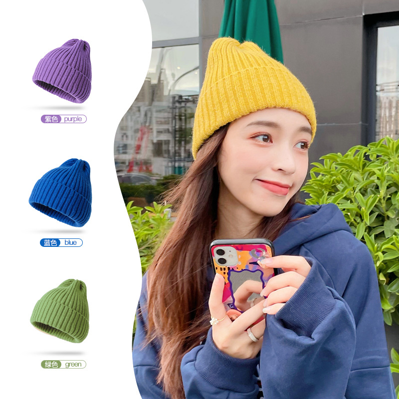 Fur cap Woolen Cap Female Autumn and Winter Wild Candy Color Knitted Hat Thick Warm Skullcap Outdoor Adult Hat Wholesale