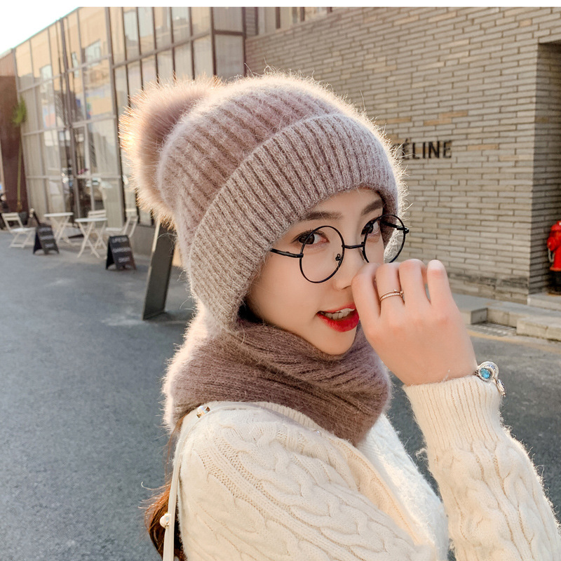 One-Piece Wool Fluffy Ball Cap Warm Thickened Hat Women&#039;s Autumn and Winter Knitted Sleeve Cap Fur cap