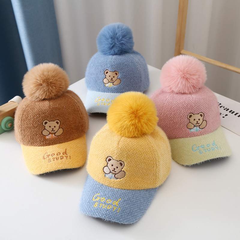  Hat Winter Thicken Thermal Cute Lying Bear Fur Ball Hair Ni Boys&#039; Baseball Cap Girls&#039; Peaked Cap Children&#039;s cap