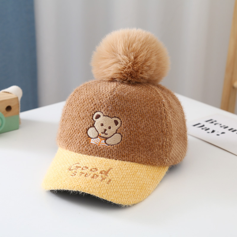  Hat Winter Thicken Thermal Cute Lying Bear Fur Ball Hair Ni Boys&#039; Baseball Cap Girls&#039; Peaked Cap Children&#039;s cap