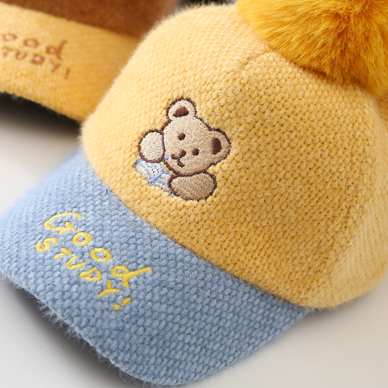  Hat Winter Thicken Thermal Cute Lying Bear Fur Ball Hair Ni Boys&#039; Baseball Cap Girls&#039; Peaked Cap Children&#039;s cap