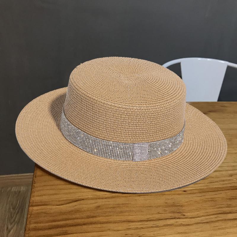 Glowing hat  Rhinestone Flat Straw Hat Summer Outdoor Sun-Proof Beach Hat Women&#039;s British Fashion All-Matching Straw Hat