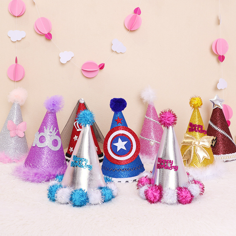 Children&#039;s Birthday Photo Props Gold Powder Birthday Hat Party Decorative Sequins Pentagram Pointed Hat Fluffy Ball Cap