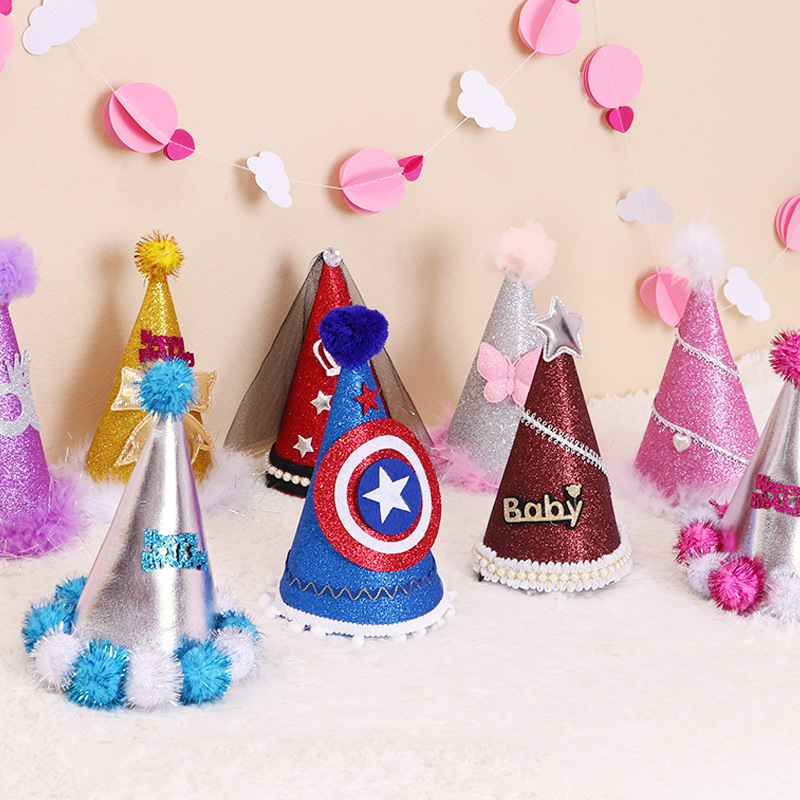 Children&#039;s Birthday Photo Props Gold Powder Birthday Hat Party Decorative Sequins Pentagram Pointed Hat Fluffy Ball Cap