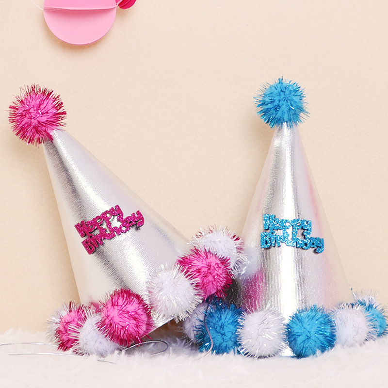 Children&#039;s Birthday Photo Props Gold Powder Birthday Hat Party Decorative Sequins Pentagram Pointed Hat Fluffy Ball Cap