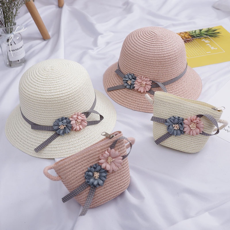 Children&#039;s Straw Hat Bags Two-Piece New Girls&#039; Sun Protection Korean Princess Beach Hat Summer Baby Fisherman Cool Hat
