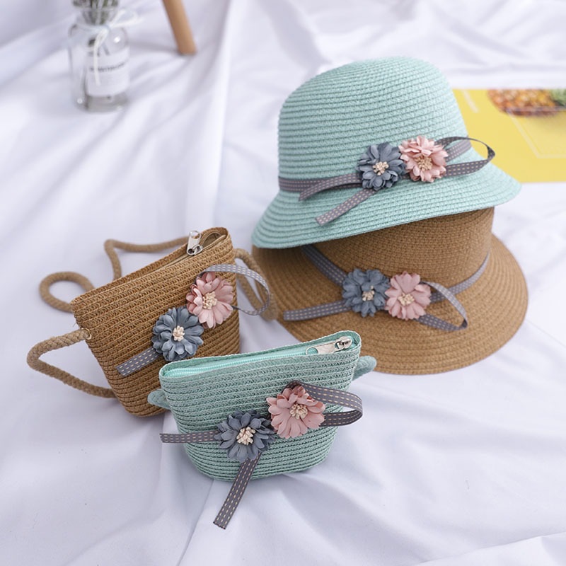 Children&#039;s Straw Hat Bags Two-Piece New Girls&#039; Sun Protection Korean Princess Beach Hat Summer Baby Fisherman Cool Hat