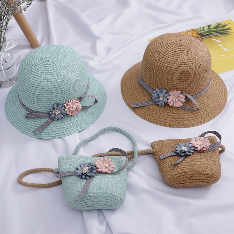 Children&#039;s Straw Hat Bags Two-Piece New Girls&#039; Sun Protection Korean Princess Beach Hat Summer Baby Fisherman Cool Hat