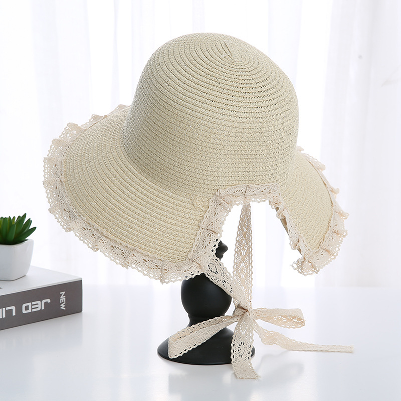 Summer Little Fresh Straw Hat Female Lace Windproof Dew Ponytail Paper Grass Sun Protection Sun Hat Lace Versatile Girl Straw Hat
