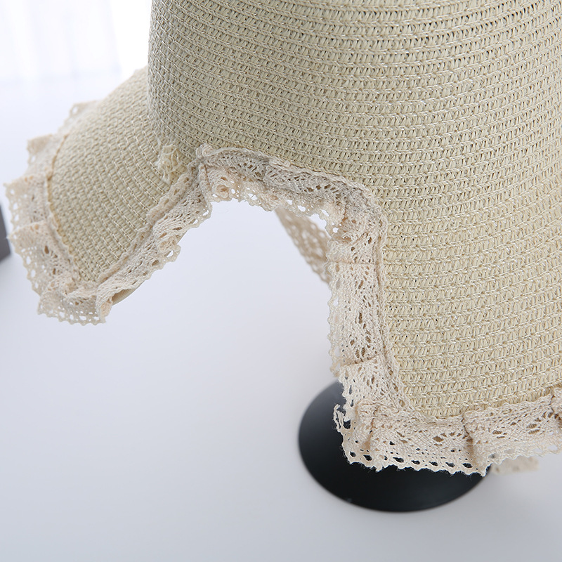 Summer Little Fresh Straw Hat Female Lace Windproof Dew Ponytail Paper Grass Sun Protection Sun Hat Lace Versatile Girl Straw Hat