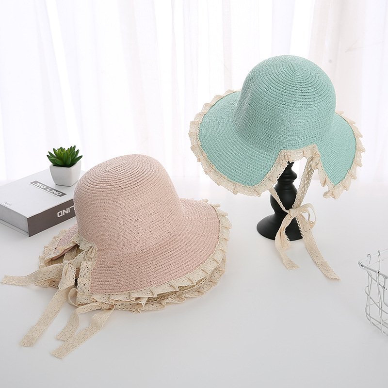 Summer Little Fresh Straw Hat Female Lace Windproof Dew Ponytail Paper Grass Sun Protection Sun Hat Lace Versatile Girl Straw Hat