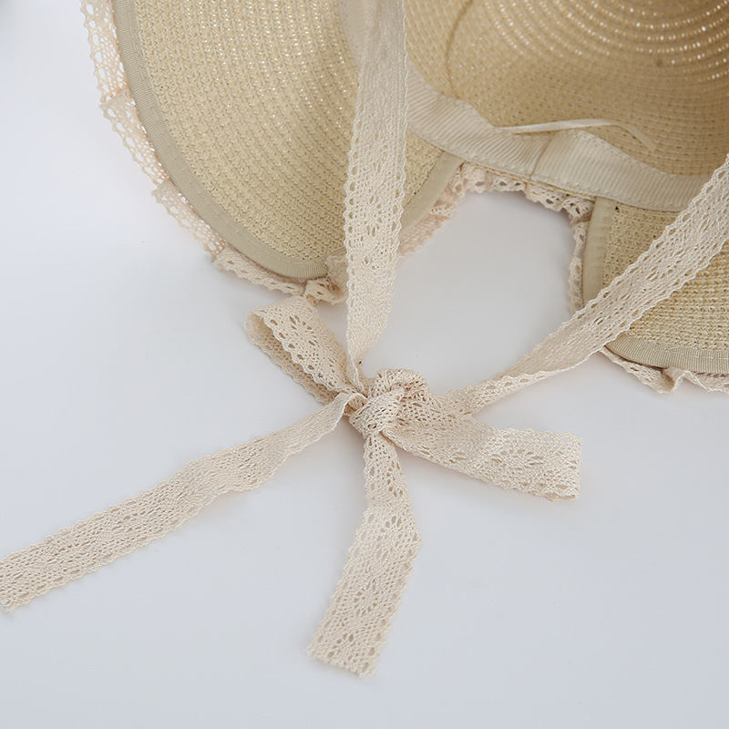 Summer Little Fresh Straw Hat Female Lace Windproof Dew Ponytail Paper Grass Sun Protection Sun Hat Lace Versatile Girl Straw Hat