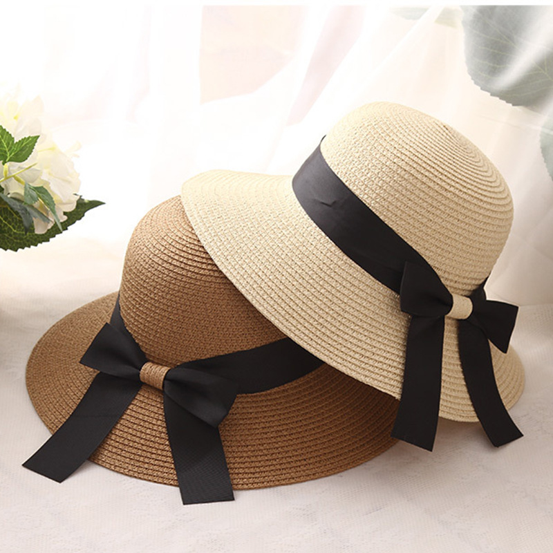 New Summer Foldable Big Brim Sun Hat Fisherman Hat Outdoor Sun Protection plus Size Bow Beach Straw Hat Sun Protection
