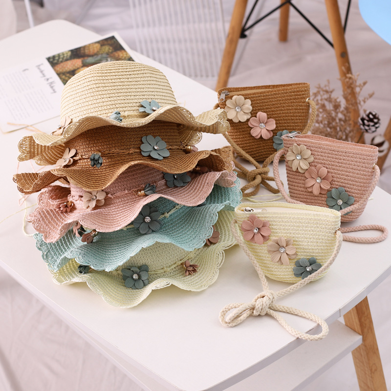 2020 New Flower Straw Hat Children&#039;s Summer Sun-Proof Baby Beach Hat Breathable All-Matching Children&#039;s Hat Bag