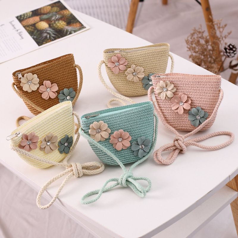 2020 New Flower Straw Hat Children&#039;s Summer Sun-Proof Baby Beach Hat Breathable All-Matching Children&#039;s Hat Bag