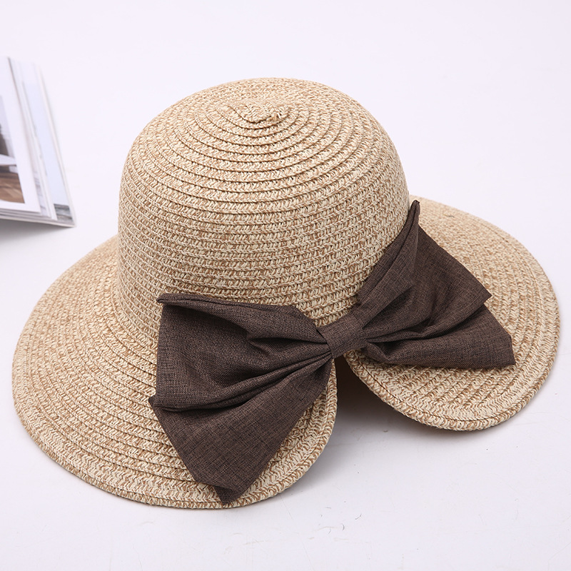 Korean Style Fashion Bowknot Beach Sun Hat Foldable Fisherman Basin Hat Summer Sun Protection Sun Shade Women&#039;s Straw Hat